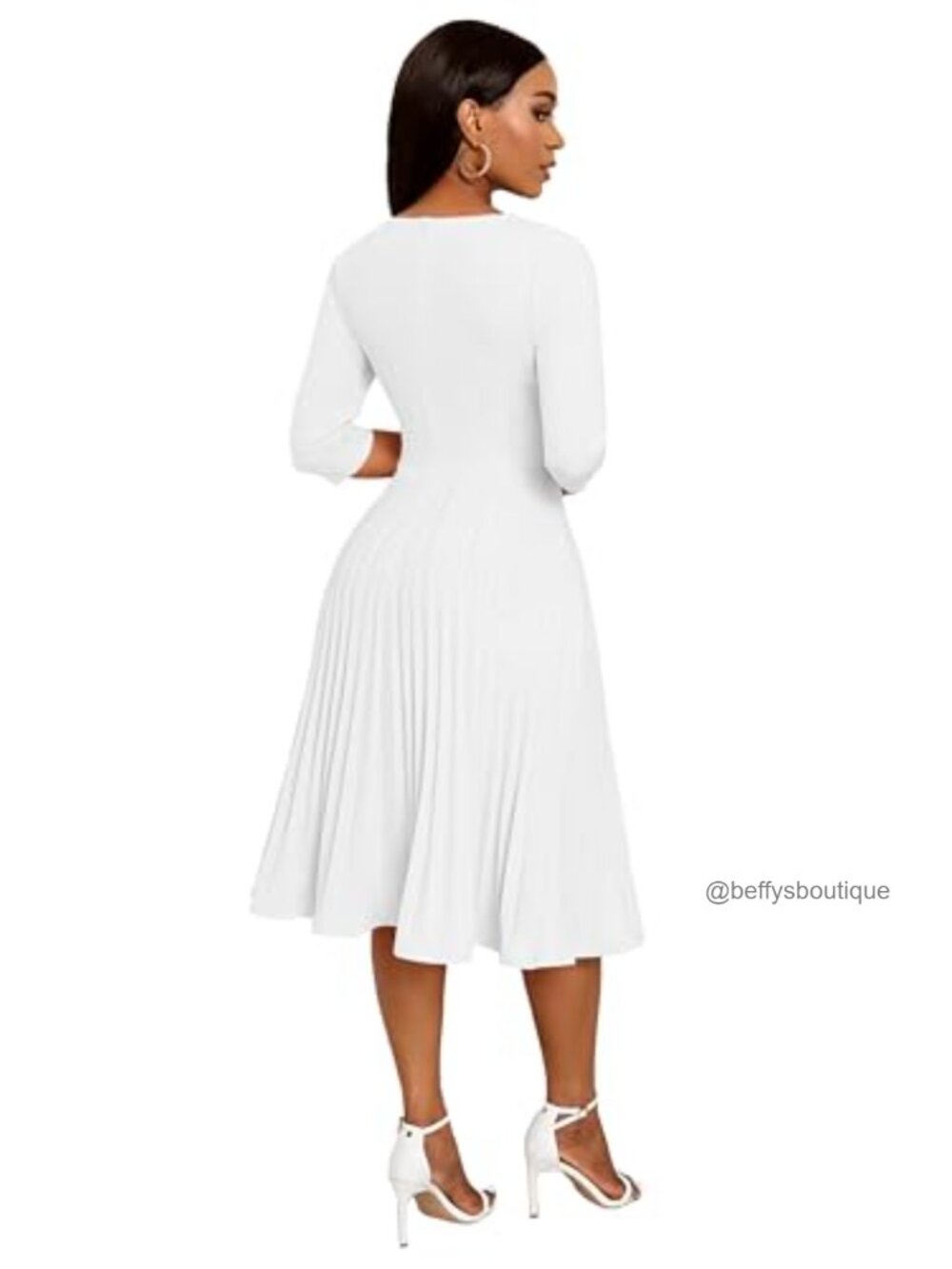 Midi Dress, 3/4 Sleeve A-Line Pleated V-Neck Cocktail Wedding Guest Dress - Picture 3 of 6